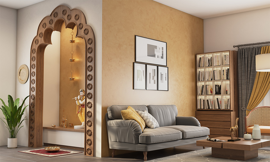 Pooja room's cinquefoil arch design for hall with wood gives a nice traditional touch to the modern home.