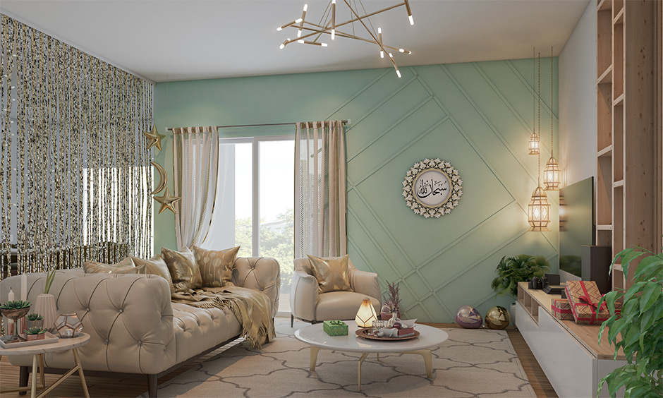 Eid al Adha decoration ideas, living room decorated with glitter cushion covers, drapes and curtain lends the festive vibe.