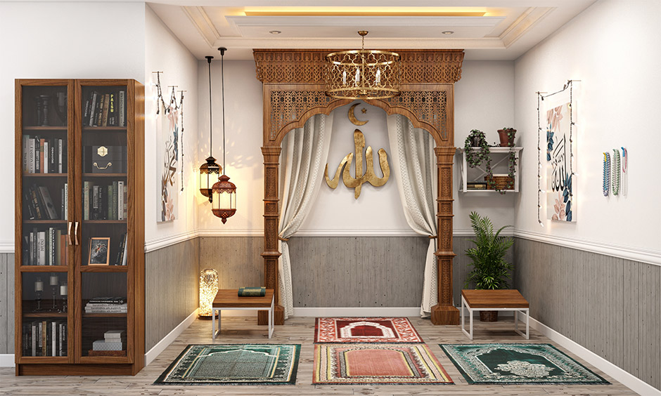Eid al Adha decorations in the prayer room with lights, frames, plants and prayer mat can bring positive vibrations.