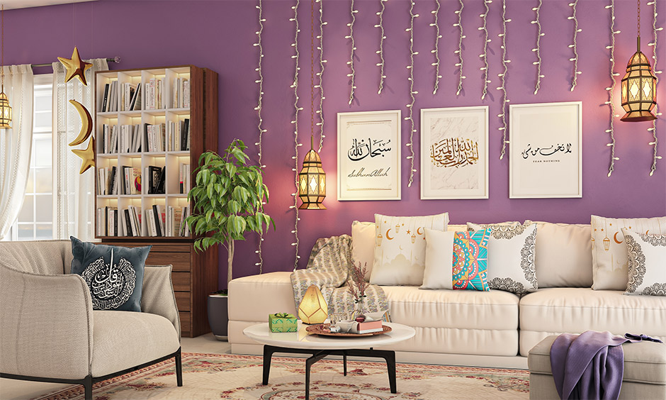 The living room decorated with lanterns and star lights on the wall is the best Eid Mubarak decoration ideas.