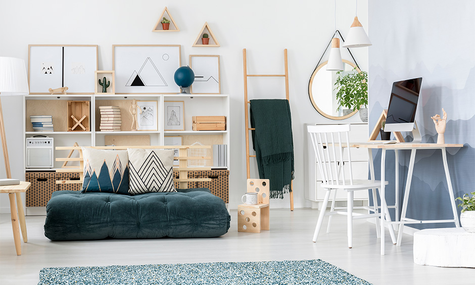 Space-saving living room furniture, the white living room has a futon that saves more space and acts as a couch.