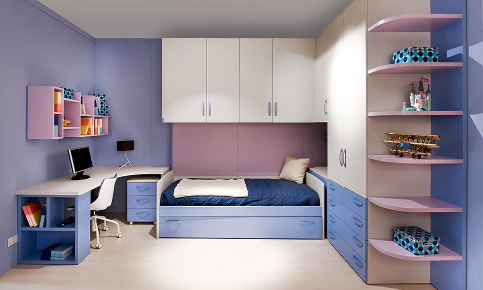 Space-saving kids bed with extended wall mounted cabinets and wardrobe elegant design.