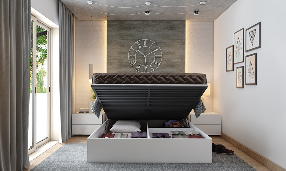 Hydraulic space-saving bed with hidden extra storage space keeps things organised.