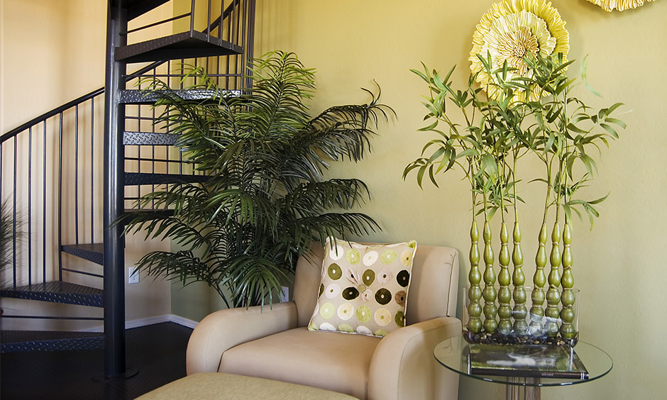 A small living room with an iron spiral staircase design in minimalist adds a sleek look against the yellow wall.