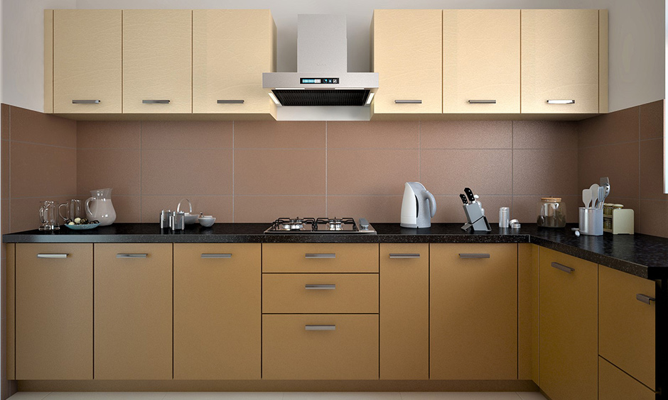 L-shaped kitchen cabinets in simple style and doors in mustard colour brings an airy look to the area.