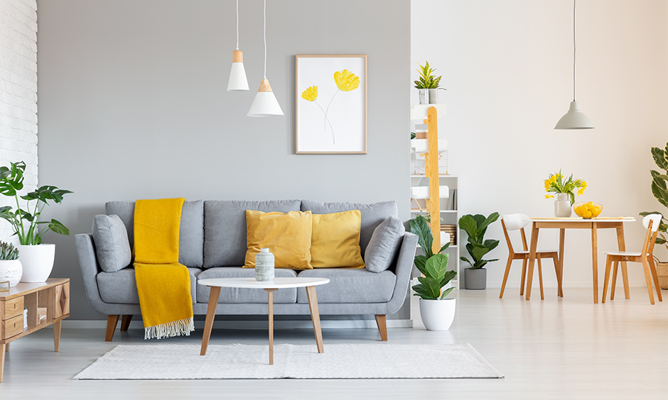 Latest colour combination for living room involving orange and grey and popular among millennial homeowners