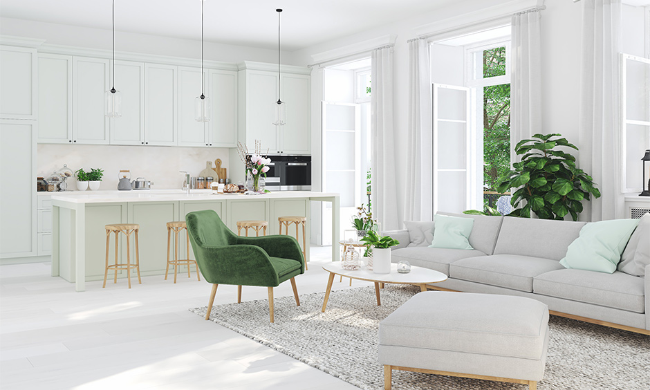 Latest colour schemes for living rooms involving white and green which breaks the monotony of white on the walls