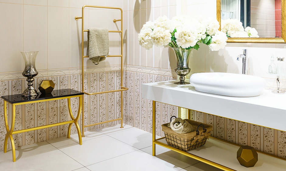 Bathroom vanity design ideas, bathroom vanity stand with golden accents brings a classic look with flowy pattern tiles.