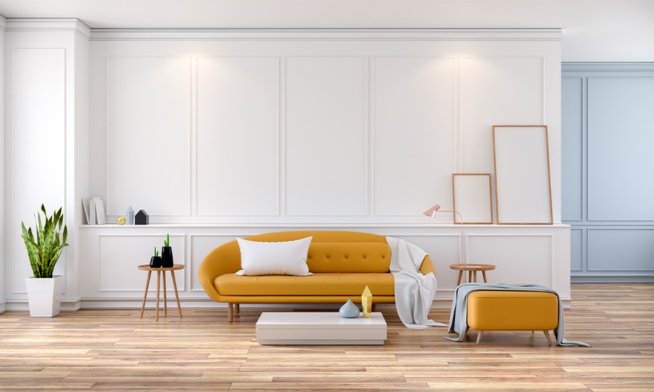 White living room style in mid-century modern interior design with a pop of yellow sofa brings vibrant look.