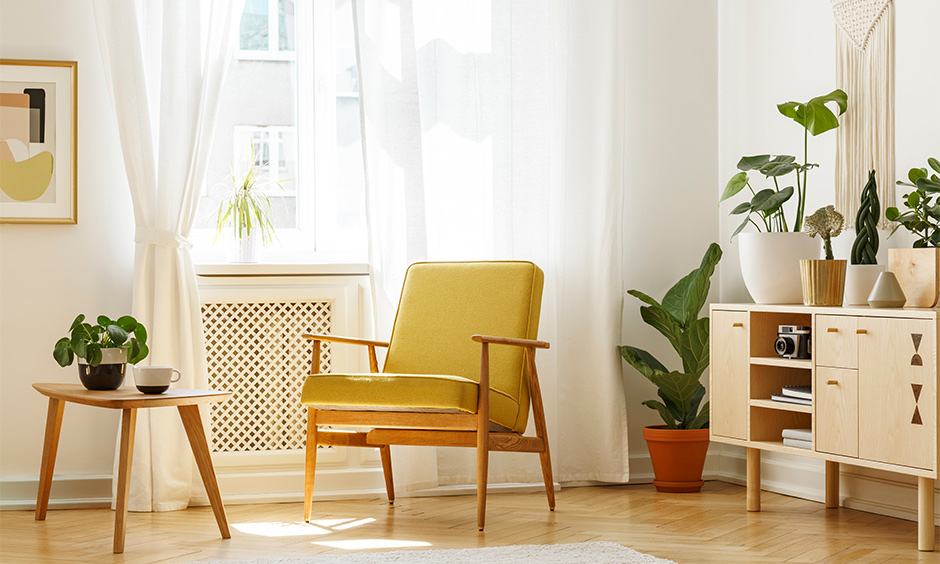 Mid-century modern home interior for white living room with simple furniture and is an uncluttered space.