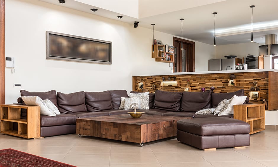 Modern living room design with a classy leather corner sofa