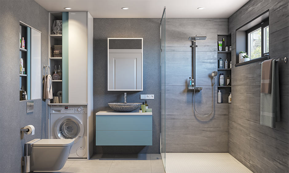 Modern wash basin vanity design with a bowl-shaped sink adds elegance to bathroom