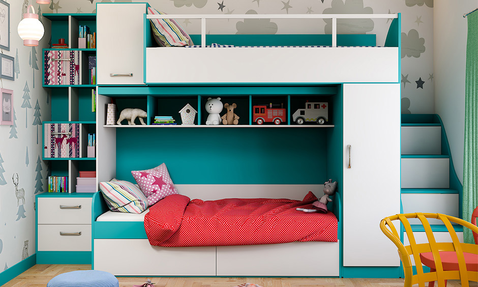 Multipurpose bunk bed designed with an attached wardrobe and shelf is the most innovative multi-purpose furniture design.