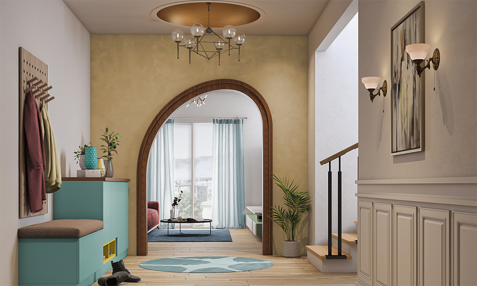 The main hall arch design in the lopsided arch and situated at the entrance to the living room look classic.