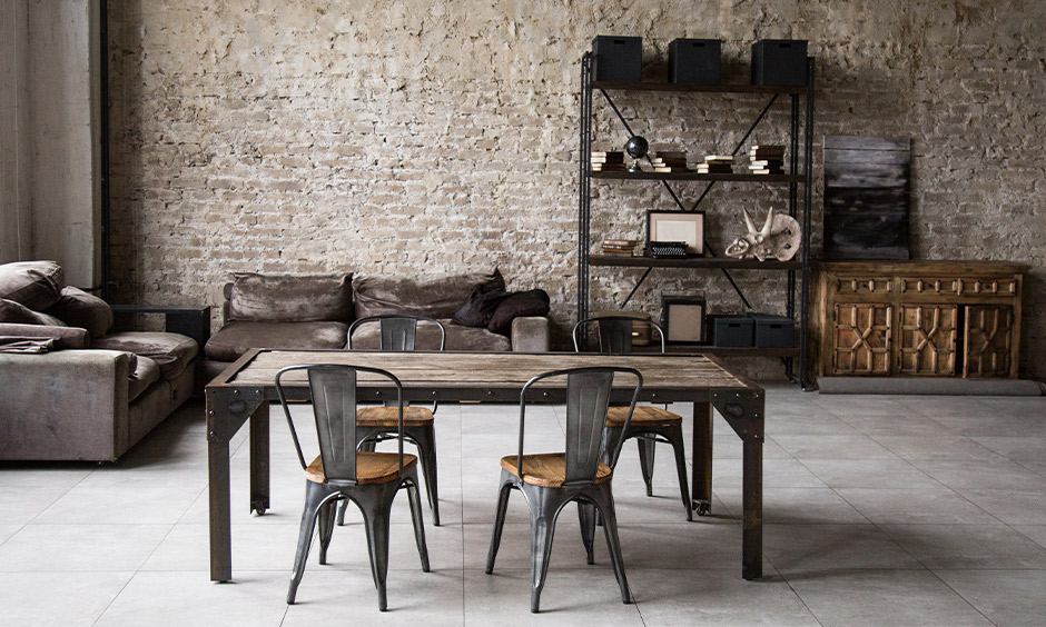 Rustic Scandinavian living room with a stone cladding wall accent and wooden furniture look stylish yet clutter-free.