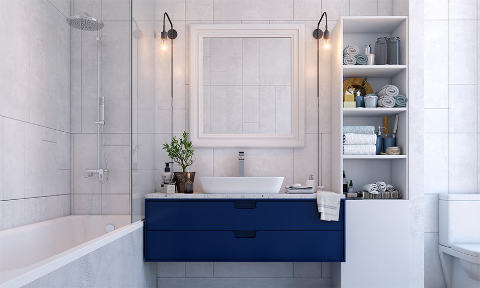 Sleek vanity wash basin design in white and blue