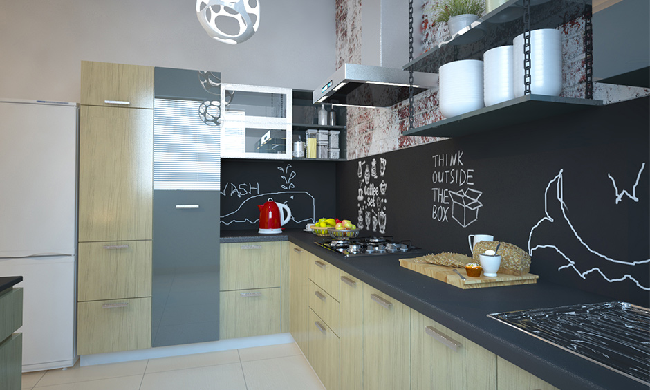 Small kitchen interior in urban Indian style with creative backsplash and brick cladding looks aesthetic.