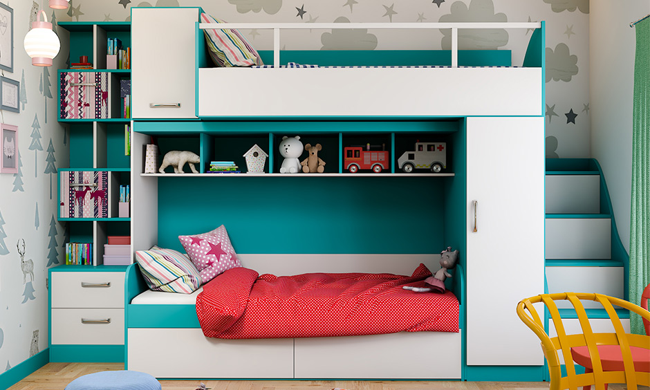 A bunk bed with a lot of storage and an attached bookshelf is the best space-saving bunk bed.