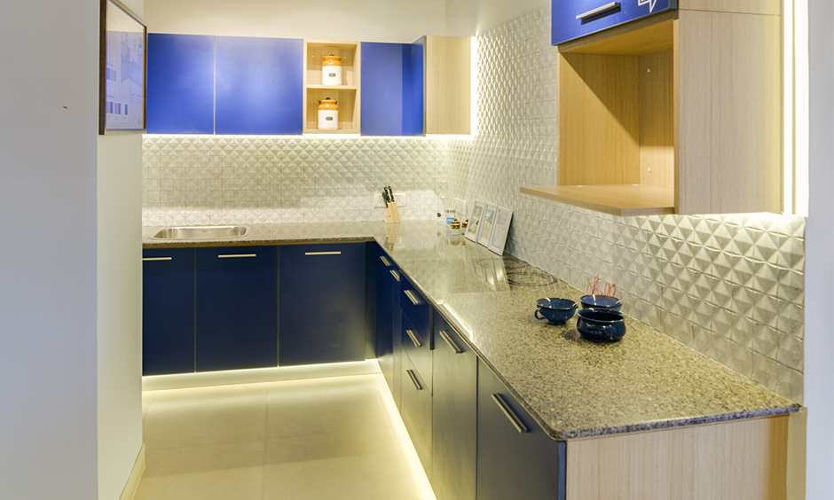 An Urban modern kitchen with cabinets designed by designCafe in HSR layout  experience centre.