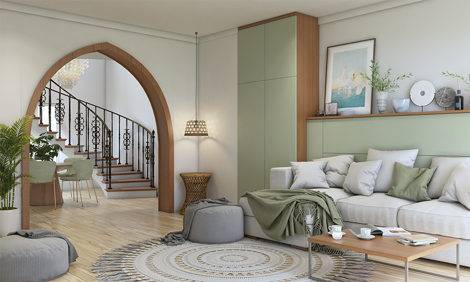 Depressed wooden arch design for hall and looks minimal yet decorative in the living room.