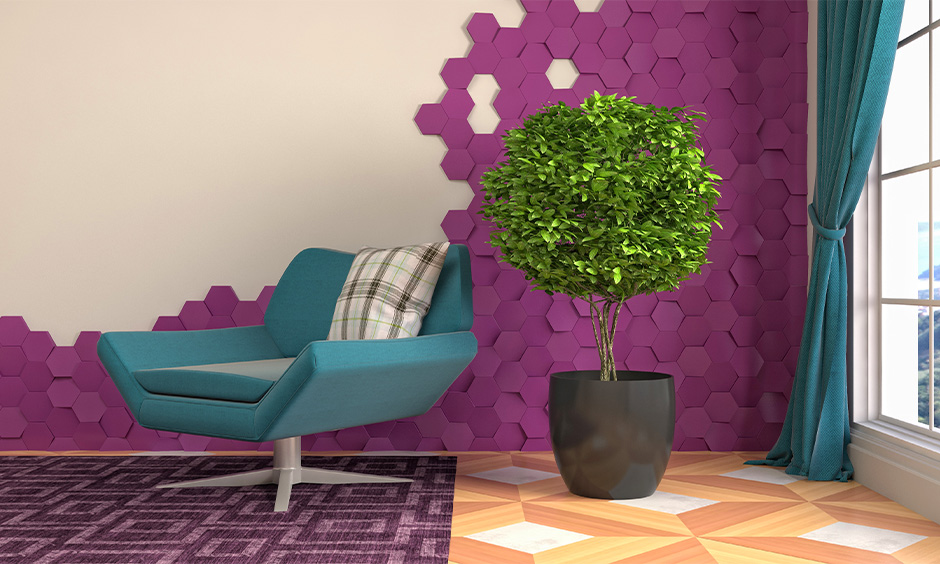 Half white and half 3D purple wall color combinations in living room brings character to the place.