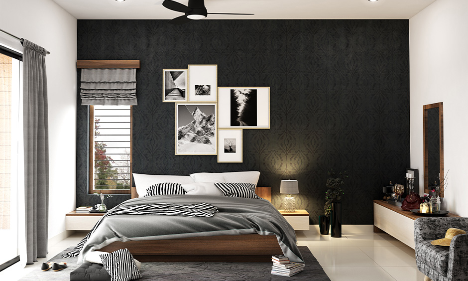 Charcoal black and white house interior bedroom lend bold and polished yet subtle statement with beige flooring.