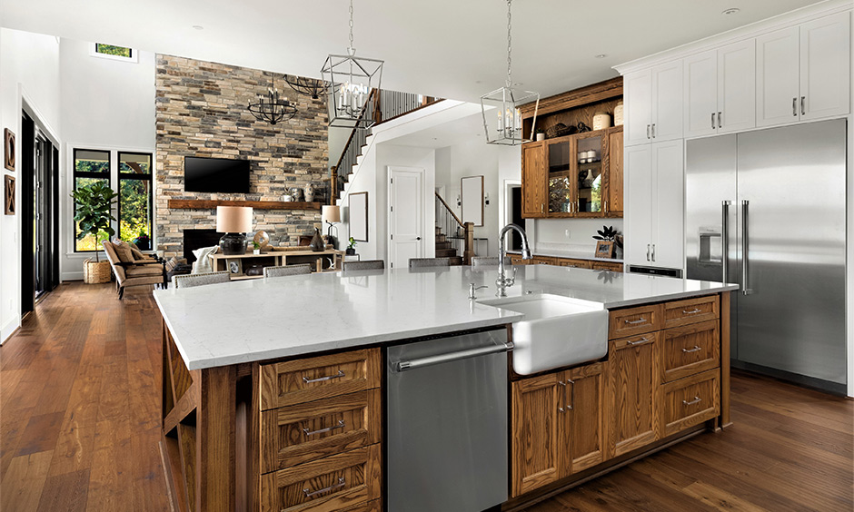 Country-style farmhouse kitchen decor with island counter and wooden flooring