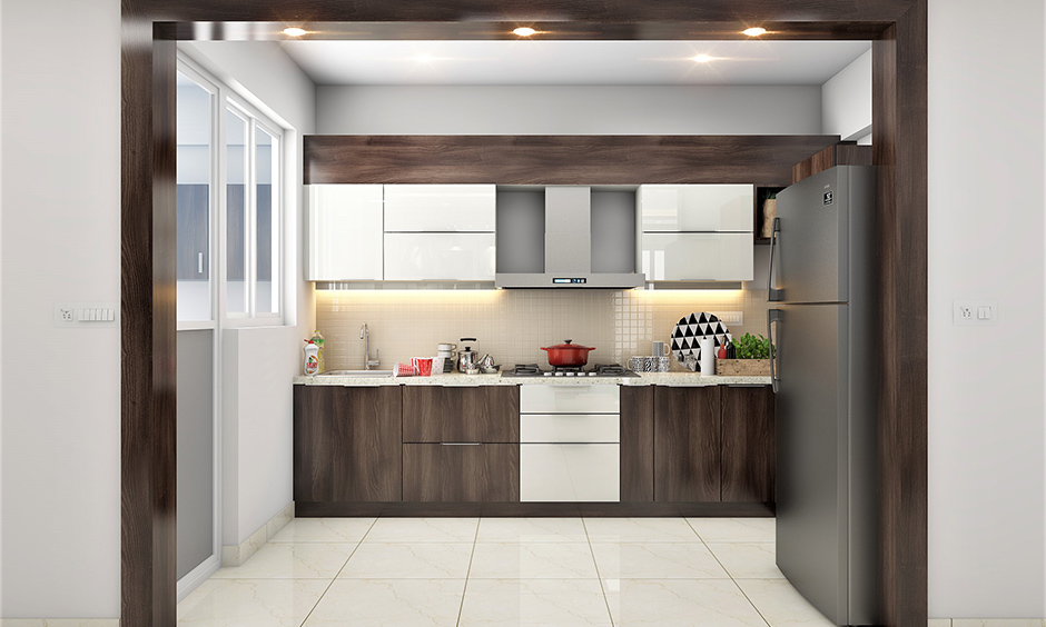 Kitchen accent idea, small kitchen with brown wooden cabinets and white wall cabinets accent colour lends a sleek look.