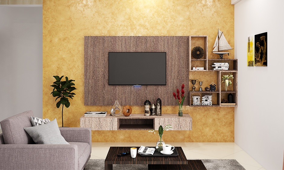 Designer wall unit for living room design with texture, wallpaper and floating shelves