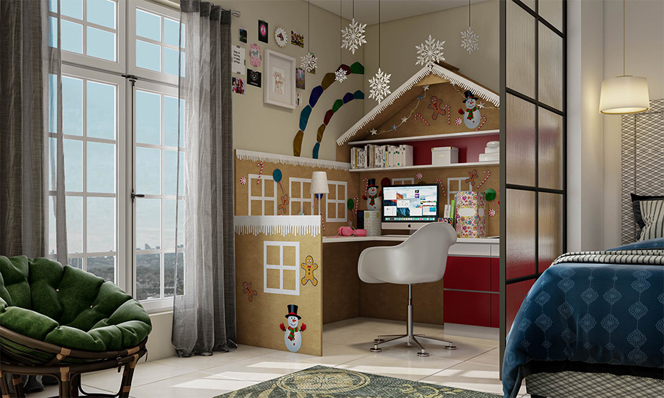 Gingerbread themed girl study room design in the bedroom with glass partition is the cutest study nook.