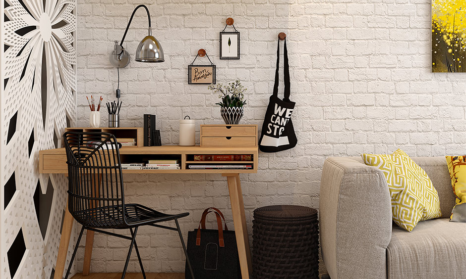 Girls study room idea with Scandinavian style study table and white brick cladding accent wall together look funky.