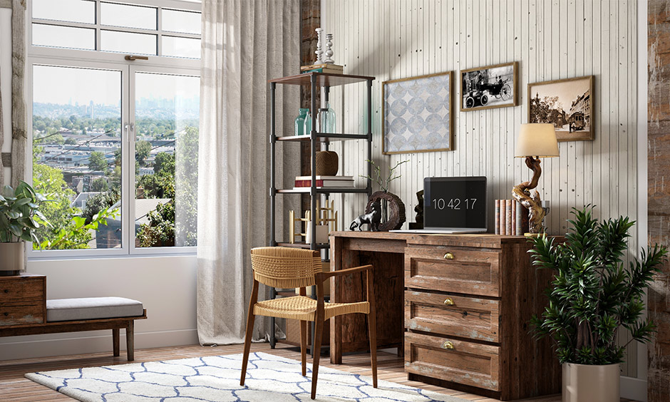 Home office desk lighting, The wooden desk has a tree-shaped lamp made of wood that adds to the rustic look.