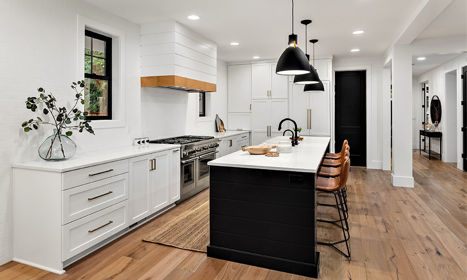 Industrial farmhouse-style decor for kitchen island