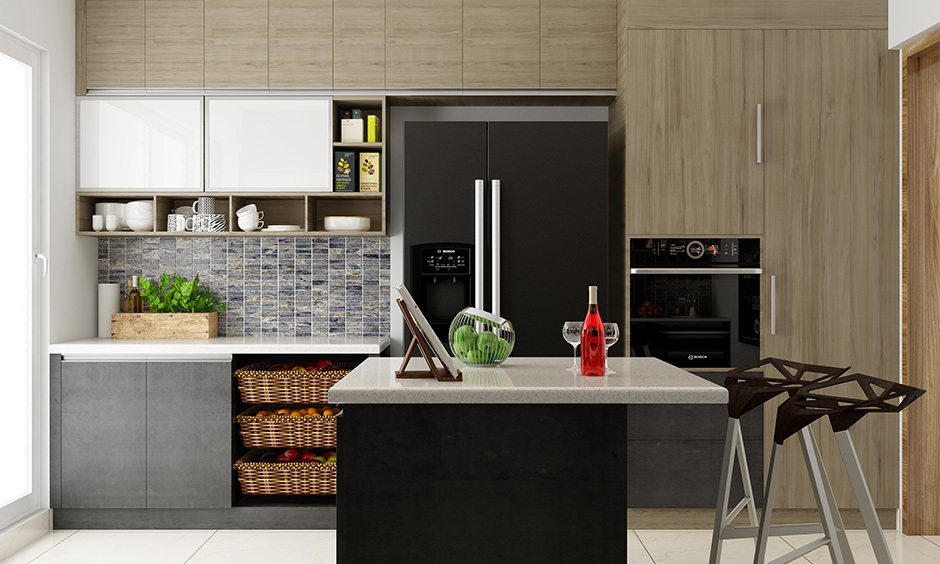 Italian modern kitchen with island countertop and tall chairs adds a luxurious look to space.