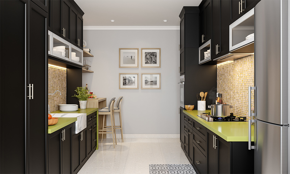 Modern eclectic interior designed parallel kitchen with black cabinet, and breakfast nook