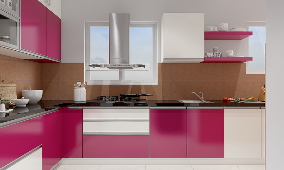 Eclectic interior design ideas for kitchen with cabinets in pink and white accent