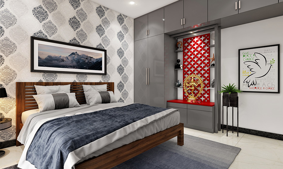 The grandparents' bedroom idea with mandir designed with jali work also looks very intricate.