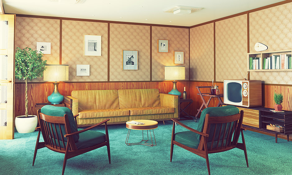Living room furniture in retro style interior with intricate designs brings modern home a retro look.