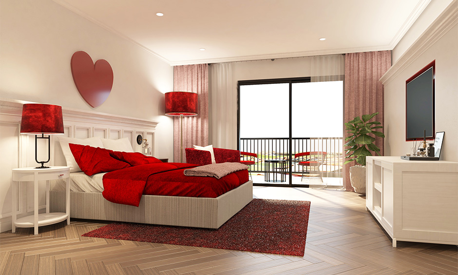 Red bedroom idea, Bedroom with red velvet bedsheet, lampshades and pillows brings in a cosy vibe.