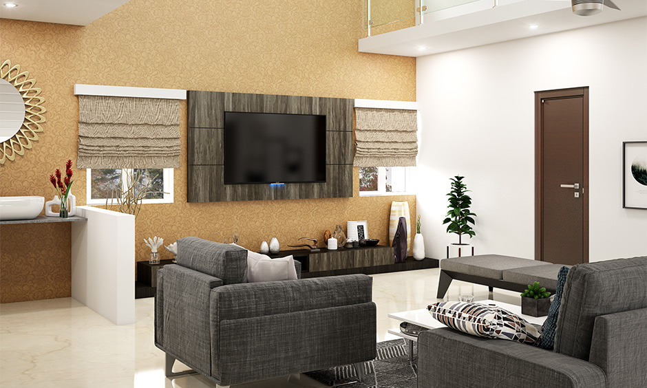 Sand brown and white interior house living room look cosy and friendly ambience with medium-grey furniture.