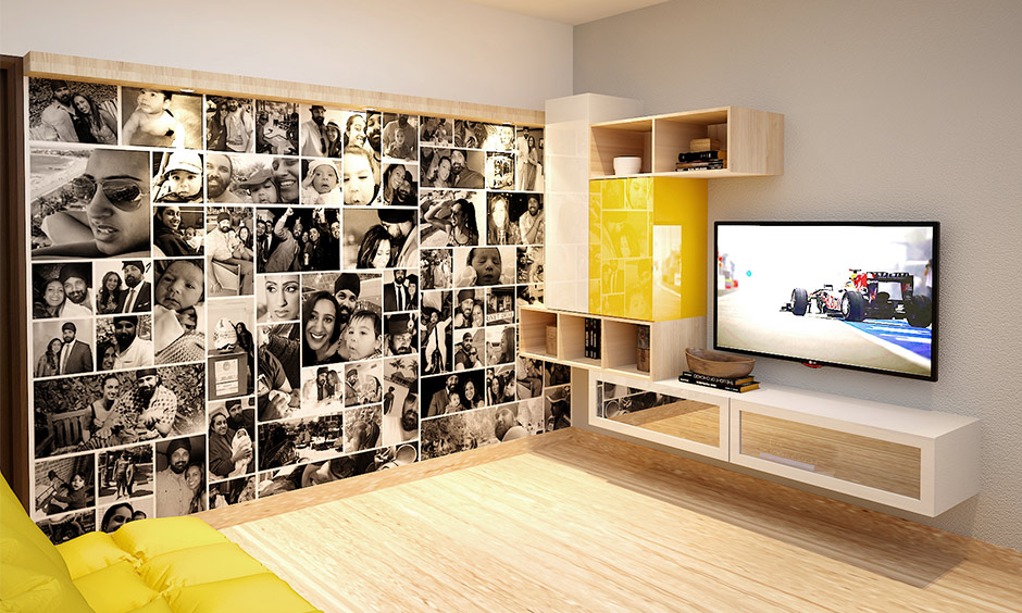 Eclectic style interior designed small entertainment room with a gallery wall and wall-mounted tv unit