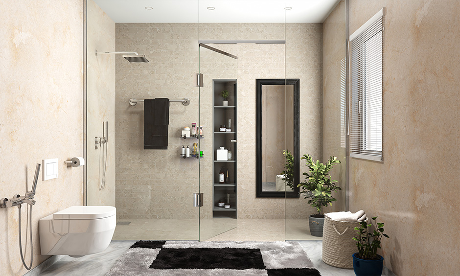 The bathroom in the spa style features a luxurious shower head that provides a soothing and rejuvenating water flow