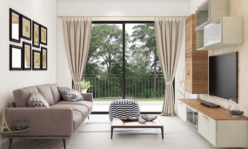 Wall-mounted designer shelves for living room around the tv unit in white laminated