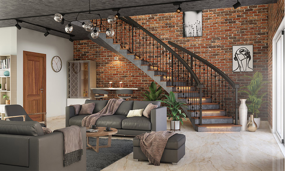 Living room in white and grey house interior with brick wall cladding design lends industrial vibe.