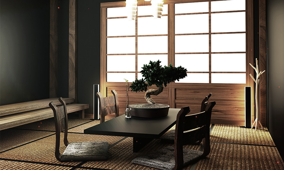 The dining room in zen concept interior design has a low table and four-floor chairs without legs.