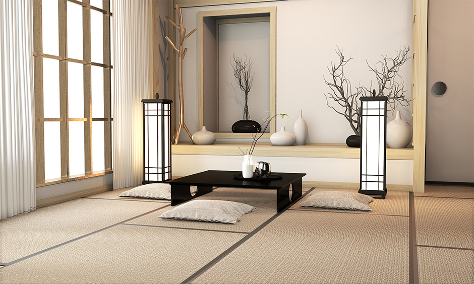 Zen style interior room has a low-level coffee table and pairs it up with stylish floor mats, floor cushions and futons.