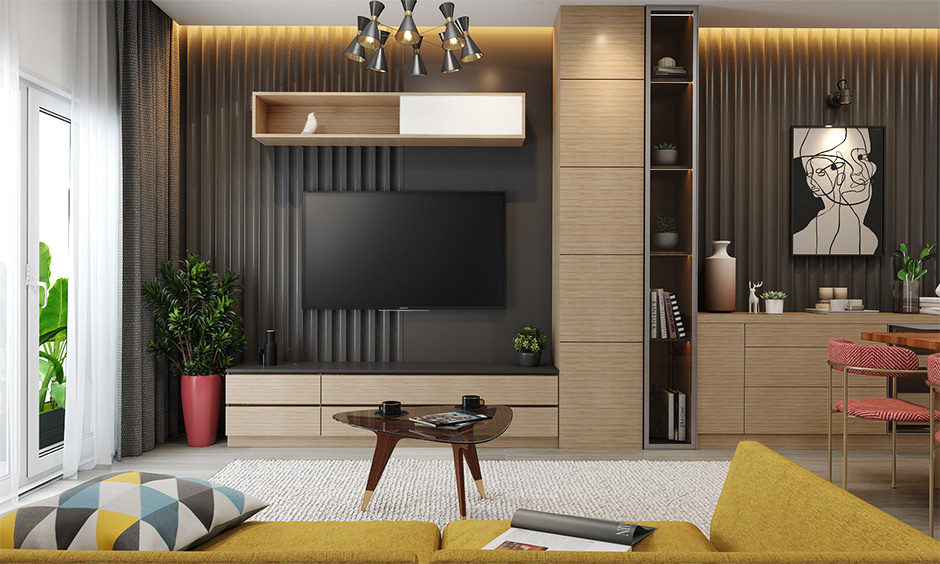 Asian style living room design with a yellow sofa and yellow lights brings out an outward charm.