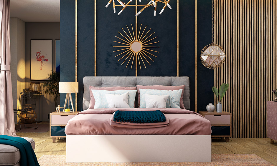 Asian style bedroom design with a lustrous deep blue backdrop with exquisite gold tones.