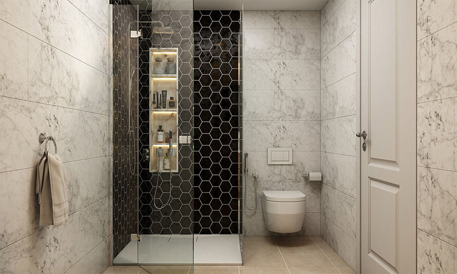 The geometric pattern bathroom tile trend in 2021 makes space look spacious and airy.