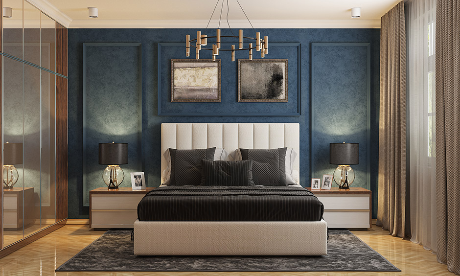 Black and white interior design for the master bedroom has a white bed with a black bedspread lends chic look with lampshades.